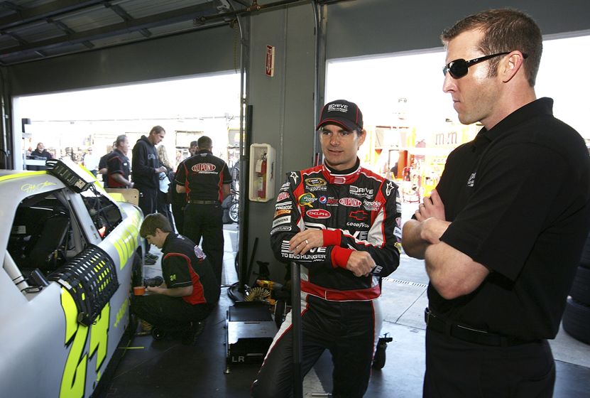 Jeff Gordon works with Ormond Beach, Fla. native Alan Gustafson in the Garage Thursday at Daytona International Speedway in Daytona Beach, Fla. Credit: Jerry Markland/Getty Images for NASCAR